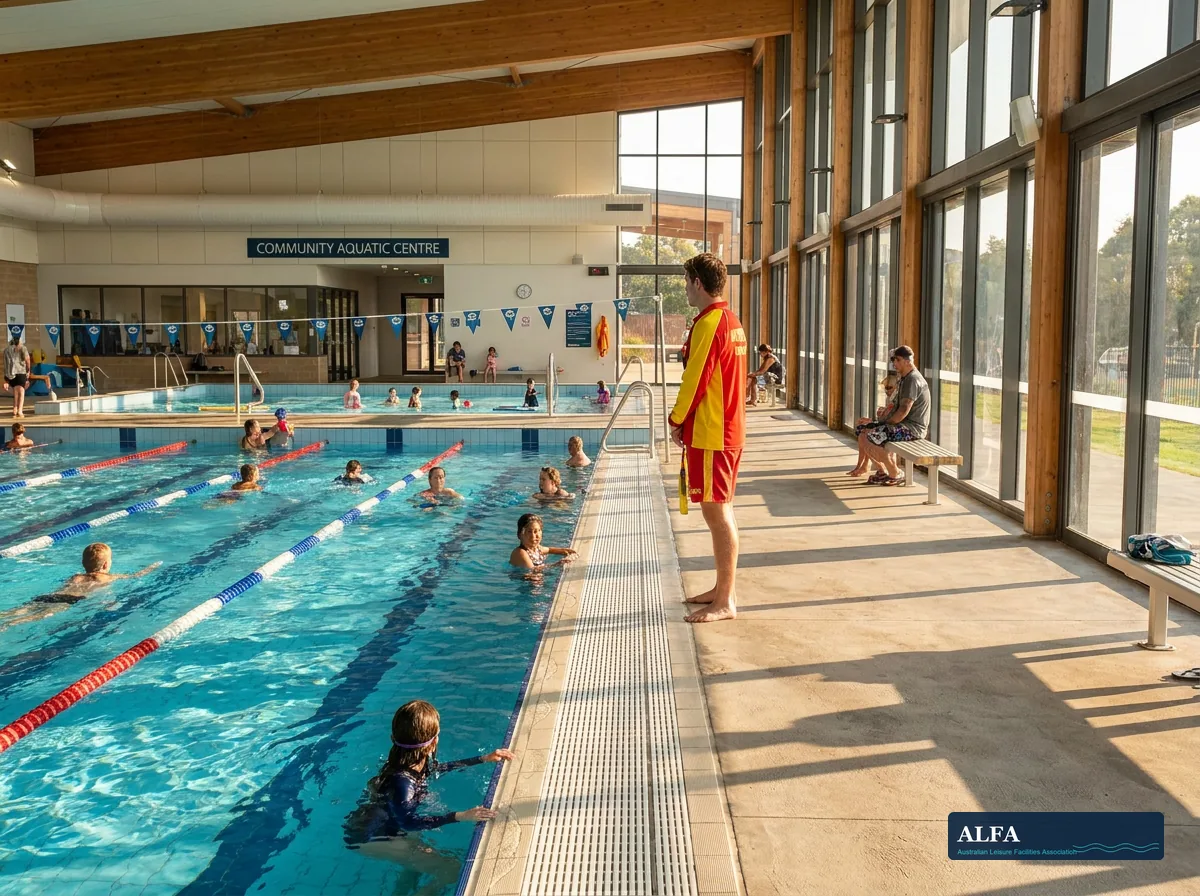 Indoor Australian community aquatic centre with lifeguard supervising swimmers