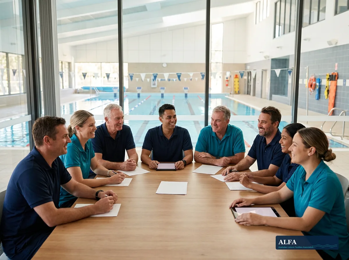 Aquatic centre professionals gathered around a table with a pool in the background