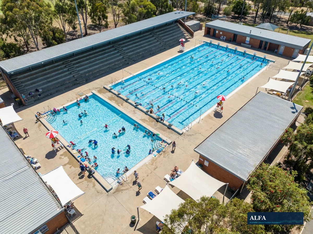 Aerial view of an Australian outdoor aquatic leisure centre